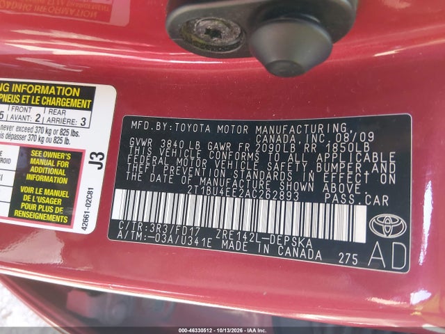 Aukcja sprzedaży 2010 Toyota Corolla S, vin: 2T1BU4EE2AC262893, numer aukcji: 46330512