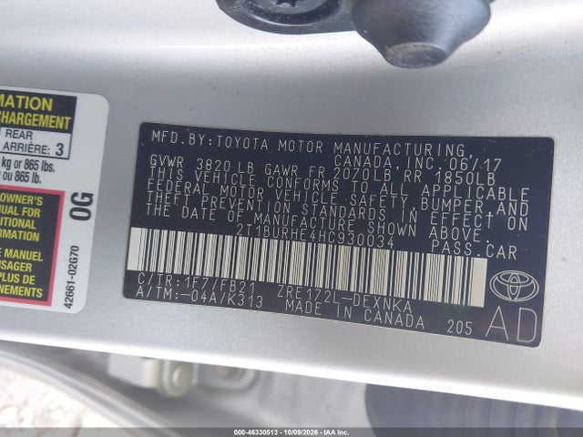 2017 Toyota Corolla Le მანქანა იყიდება აუქციონზე, vin: 2T1BURHE4HC930034, აუქციონის ნომერი: 46330513