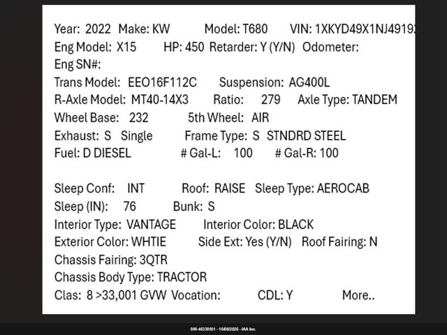 46330551 :رقم المزاد ، 1XKYD49X1NJ491926 vin ، 2022 Kenworth T680 مزاد بيع
