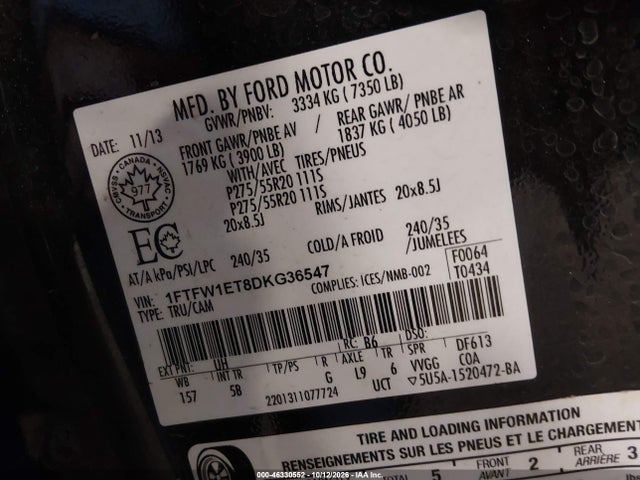 Продаж на аукціоні авто 2013 Ford F-150 Fx4, vin: 1FTFW1ET8DKG36547, номер лоту: 46330552