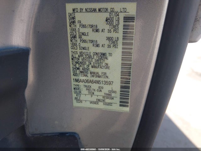 46330560 :رقم المزاد ، 1N6AA06A64N513597 vin ، 2004 Nissan Titan Se مزاد بيع