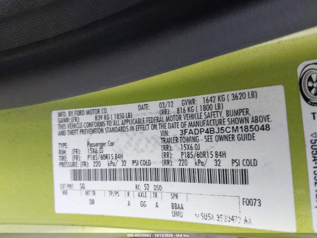 Продаж на аукціоні авто 2012 Ford Fiesta Se, vin: 3FADP4BJ5CM185048, номер лоту: 46330562