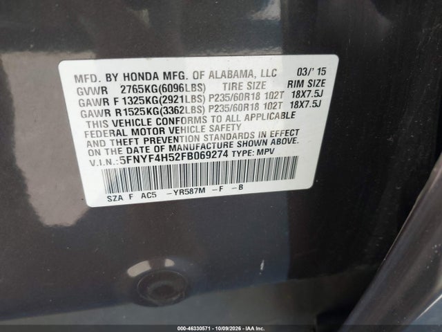Продажа на аукционе авто 2015 Honda Pilot Ex-l, vin: 5FNYF4H52FB069274, номер лота: 46330571