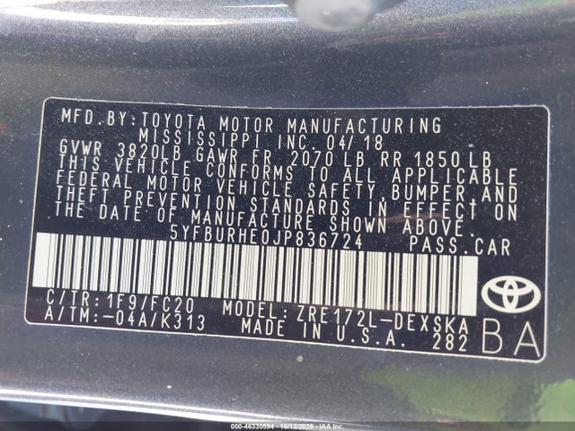 Aukcja sprzedaży 2018 Toyota Corolla Se, vin: 5YFBURHE0JP836724, numer aukcji: 46330594