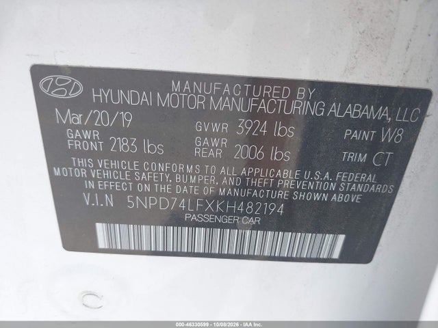 Продаж на аукціоні авто 2019 Hyundai Elantra Se, vin: 5NPD74LFXKH482194, номер лоту: 46330599
