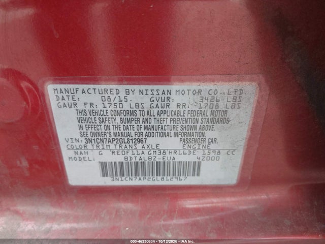 3N1CN7AP2GL812967 Nissan Versa 1.6 S/1.6 S+/1.6 Sl/1.6 Sv