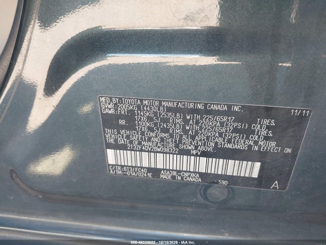 Aukcja sprzedaży 2011 Toyota Rav4, vin: 2T3ZF4DV2BW098322, numer aukcji: 46330685