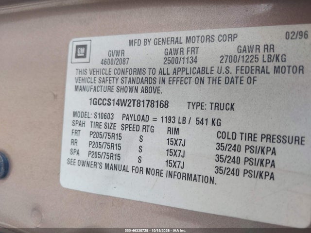 Продаж на аукціоні авто 1996 Chevrolet S Truck S10, vin: 1GCCS14W2T8178168, номер лоту: 46330725