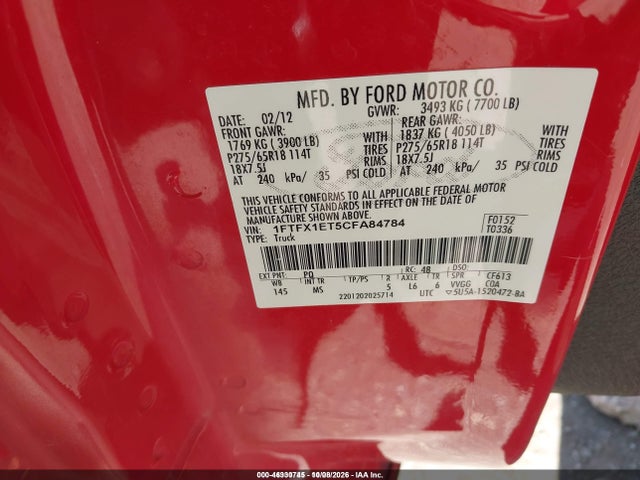 46330745 :رقم المزاد ، 1FTFX1ET5CFA84784 vin ، 2012 Ford F-150 Xlt مزاد بيع