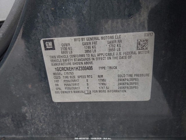 46330755 :رقم المزاد ، 1GCRCNEH1HZ300406 vin ، 2017 Chevrolet Silverado 1500 Wt مزاد بيع