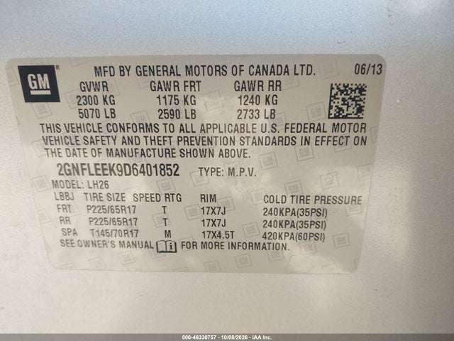 46330757 :رقم المزاد ، 2GNFLEEK9D6401852 vin ، 2013 Chevrolet Equinox 1lt مزاد بيع
