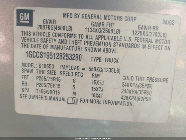 Aukcja sprzedaży 2002 Chevrolet S-10 Ls, vin: 1GCCS195128253280, numer aukcji: 46330764