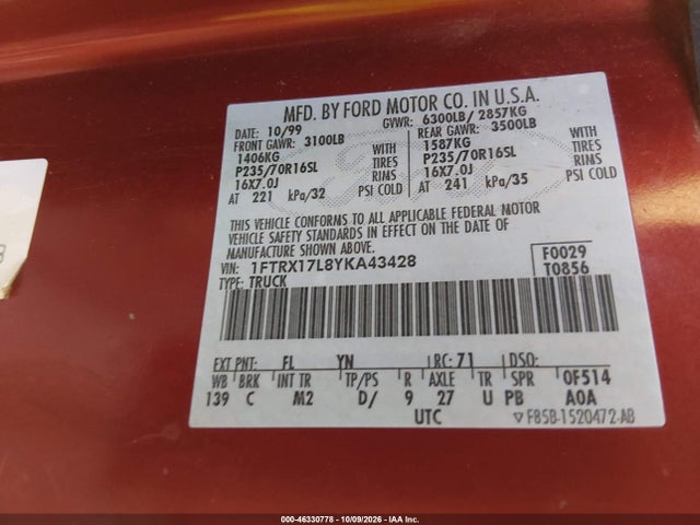 Продаж на аукціоні авто 2000 Ford F-150 Lariat/work Series/xl/xlt, vin: 1FTRX17L8YKA43428, номер лоту: 46330778
