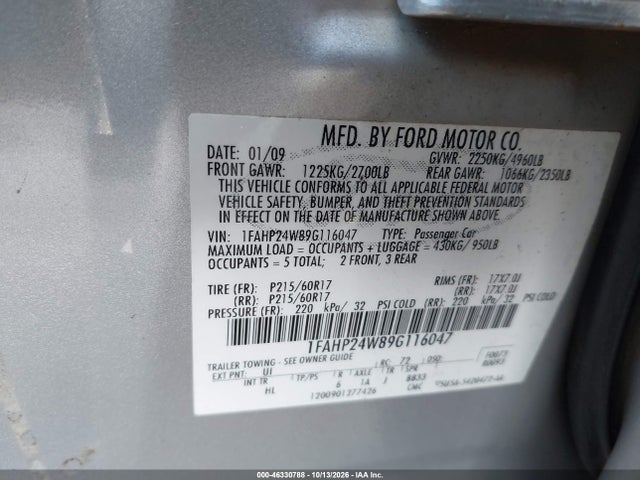 46330788 :رقم المزاد ، 1FAHP24W89G116047 vin ، 2009 Ford Taurus Sel مزاد بيع