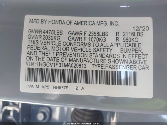 Aukcja sprzedaży 2021 Honda Accord Sport, vin: 1HGCV1F31MA029613, numer aukcji: 46330795