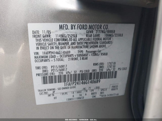 Продажа на аукционе авто 2006 Ford Five Hundred Sel, vin: 1FAFP24146G140689, номер лота: 46330803