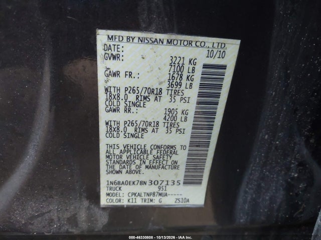 Aukcja sprzedaży 2011 Nissan Titan Sv, vin: 1N6BA0EK7BN307135, numer aukcji: 46330808
