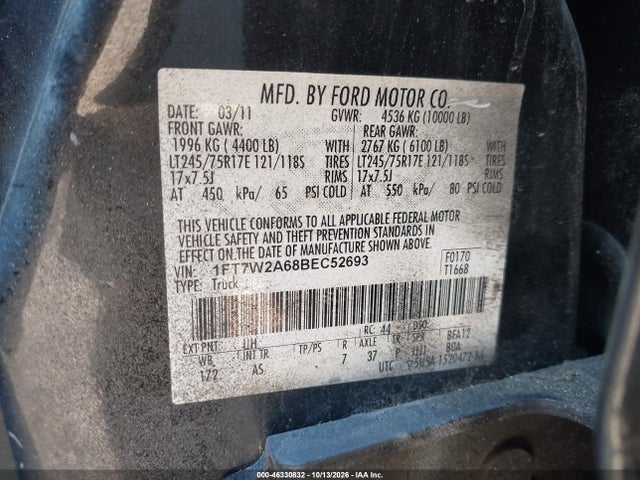 Aukcja sprzedaży 2011 Ford F-250 Xl, vin: 1FT7W2A68BEC52693, numer aukcji: 46330832
