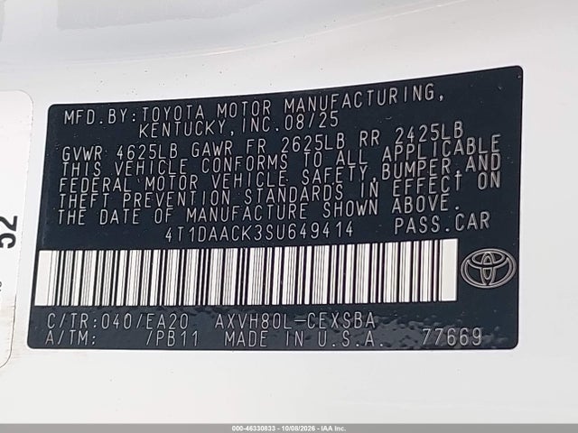 46330833 :رقم المزاد ، 4T1DAACK3SU649414 vin ، 2025 Toyota Camry Se مزاد بيع