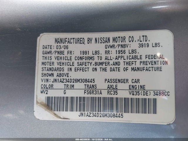 Aukcja sprzedaży 2006 Nissan 350z, vin: JN1AZ34D26M308445, numer aukcji: 46330839