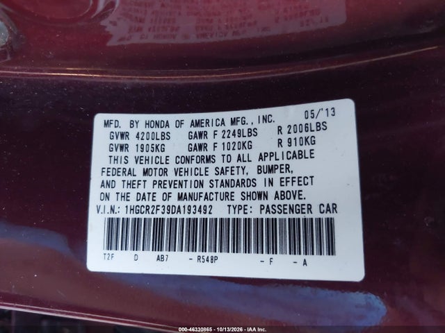 Продаж на аукціоні авто 2013 Honda Accord Lx, vin: 1HGCR2F39DA193492, номер лоту: 46330865