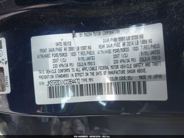 Aukcja sprzedaży 2012 Mazda Cx-9 Grand Touring, vin: JM3TB3DVXC0364470, numer aukcji: 46330875