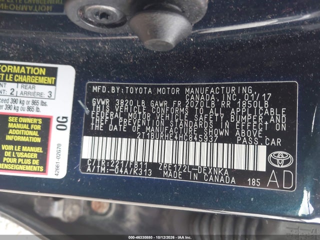 Продаж на аукціоні авто 2017 Toyota Corolla Le, vin: 2T1BURHE4HC845937, номер лоту: 46330880