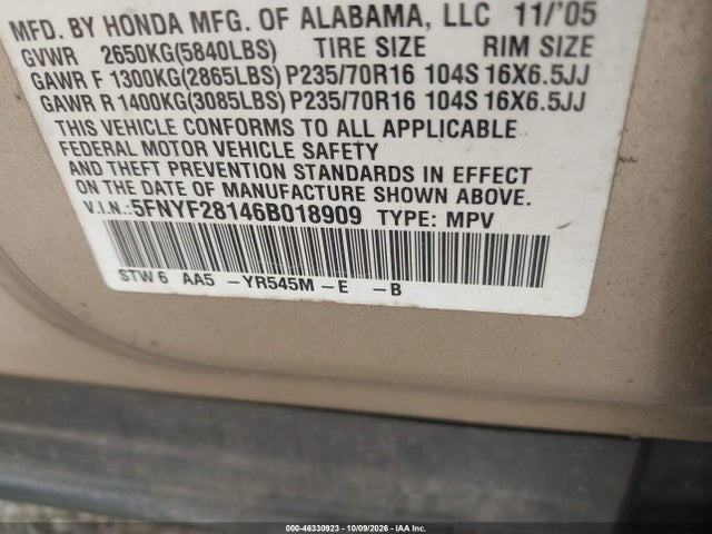 46330923 :رقم المزاد ، 5FNYF28146B018909 vin ، 2006 Honda Pilot Lx مزاد بيع