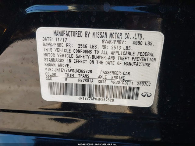 2018 Infiniti Q50 3.0t Luxe მანქანა იყიდება აუქციონზე, vin: JN1EV7AP0JM362628, აუქციონის ნომერი: 46330952