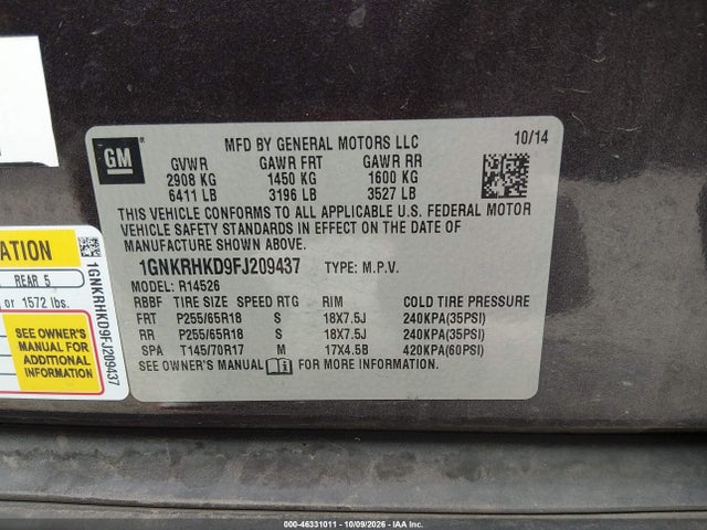 2015 Chevrolet Traverse 2lt მანქანა იყიდება აუქციონზე, vin: 1GNKRHKD9FJ209437, აუქციონის ნომერი: 46331011