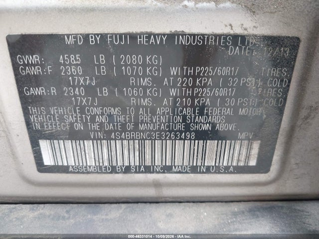 46331014 :رقم المزاد ، 4S4BRBNC3E3263498 vin ، 2014 Subaru Outback 2.5i Limited مزاد بيع