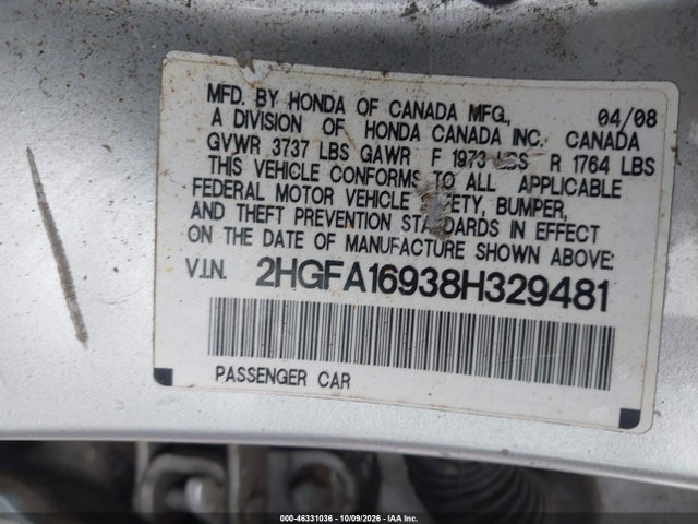 Aukcja sprzedaży 2008 Honda Civic Ex-l, vin: 2HGFA16938H329481, numer aukcji: 46331036