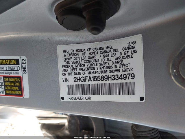 Aukcja sprzedaży 2009 Honda Civic Lx, vin: 2HGFA16589H334979, numer aukcji: 46331054