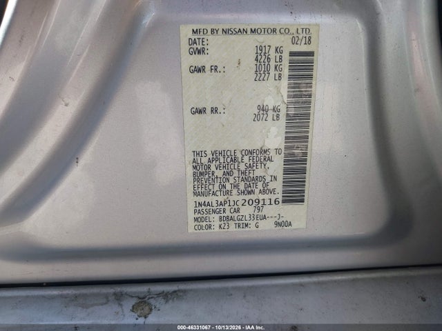 Aukcja sprzedaży 2018 Nissan Altima 2.5 S, vin: 1N4AL3AP1JC209116, numer aukcji: 46331067