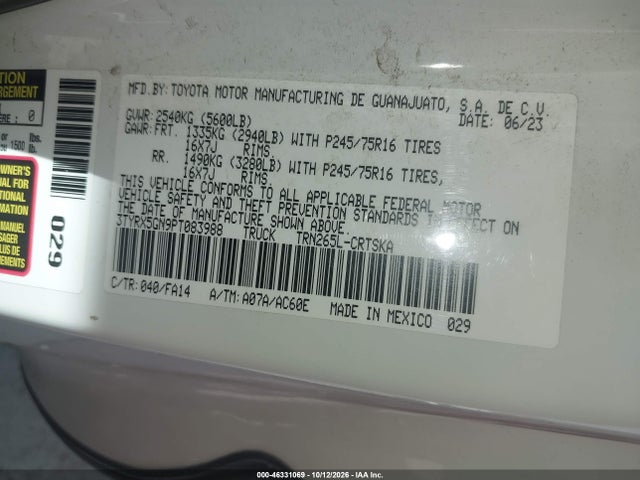 46331069 :رقم المزاد ، 3TYRX5GN9PT083988 vin ، 2023 Toyota Tacoma Sr مزاد بيع