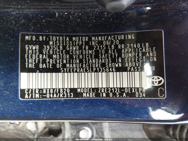 46331091 :رقم المزاد ، 5YFEPRAE5LP135646 vin ، 2020 Toyota Corolla Le مزاد بيع