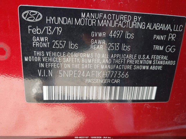 46331107 :رقم المزاد ، 5NPE24AF1KH777366 vin ، 2019 Hyundai Sonata Se مزاد بيع