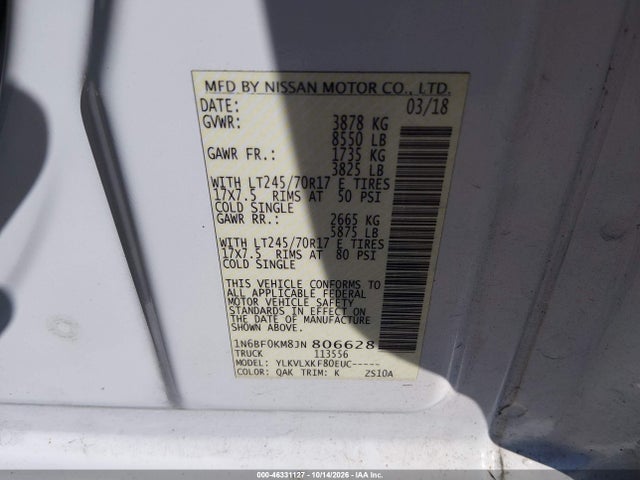 Aukcja sprzedaży 2018 Nissan Nv Cargo Nv1500 Sv V6, vin: 1N6BF0KM8JN806628, numer aukcji: 46331127