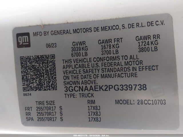 Продаж на аукціоні авто 2023 Chevrolet Silverado 1500 2wd  Standard Bed Wt, vin: 3GCNAAEK2PG339738, номер лоту: 46331179