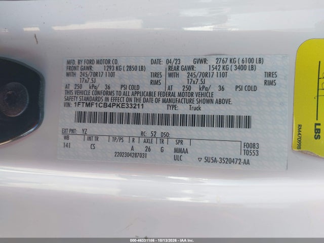 46331186 :رقم المزاد ، 1FTMF1CB4PKE33211 vin ، 2023 Ford F-150 Xl مزاد بيع