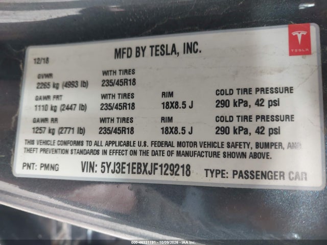 Aukcja sprzedaży 2018 Tesla Model 3 Long Range/performance, vin: 5YJ3E1EBXJF129218, numer aukcji: 46331191