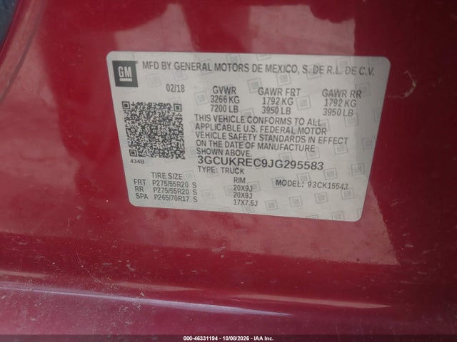 Продаж на аукціоні авто 2018 Chevrolet Silverado 1500 2lt, vin: 3GCUKREC9JG295583, номер лоту: 46331194