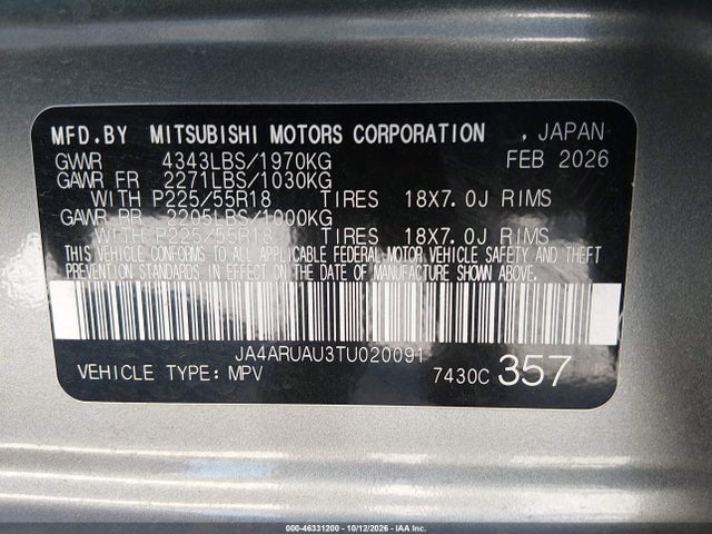 46331200 :رقم المزاد ، JA4ARUAU3TU020091 vin ، 2026 Mitsubishi Outlander Sport 2.0 Es/2.0 Le/2.0 Ralliart/2.0 S/2.0 Se/2.0 Trail Edition مزاد بيع