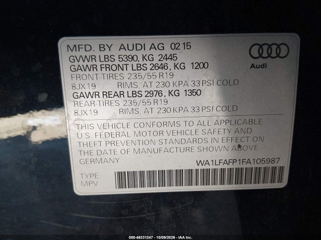 46331247 :رقم المزاد ، WA1LFAFP1FA105987 vin ، 2015 Audi Q5 2.0t Premium مزاد بيع