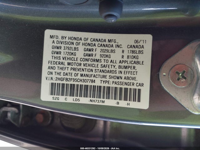 2012 Honda Civic Ex-l მანქანა იყიდება აუქციონზე, vin: 2HGFB2F95CH307784, აუქციონის ნომერი: 46331292