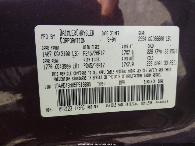 Aukcja sprzedaży 2005 Dodge Durango Slt, vin: 1D4HD48NX5F519885, numer aukcji: 46331353