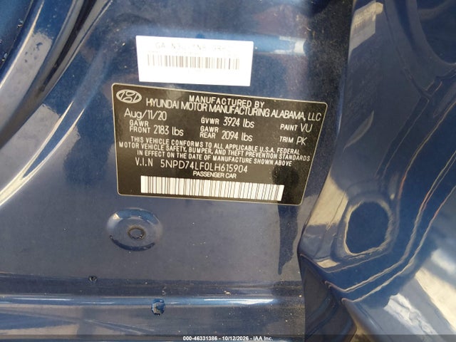 Продаж на аукціоні авто 2020 Hyundai Elantra Se, vin: 5NPD74LF0LH615904, номер лоту: 46331386