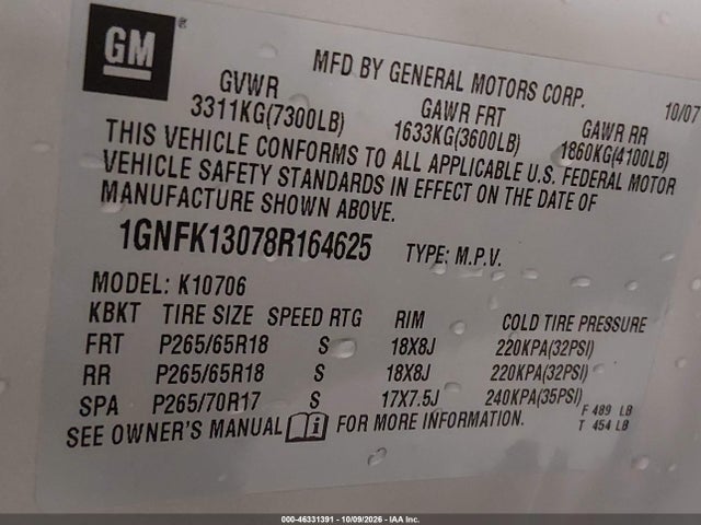 Aukcja sprzedaży 2008 Chevrolet Tahoe Lt, vin: 1GNFK13078R164625, numer aukcji: 46331391