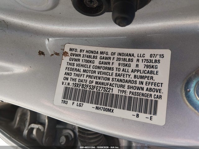 Aukcja sprzedaży 2015 Honda Civic Lx, vin: 19XFB2F53FE275221, numer aukcji: 46331394
