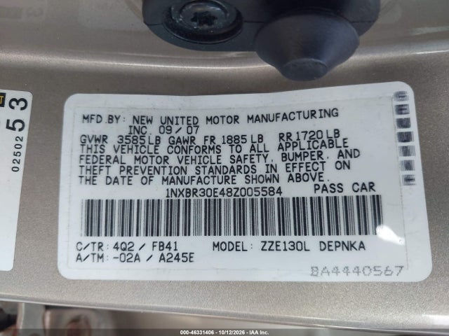Продаж на аукціоні авто 2008 Toyota Corolla Le, vin: 1NXBR30E48Z005584, номер лоту: 46331406